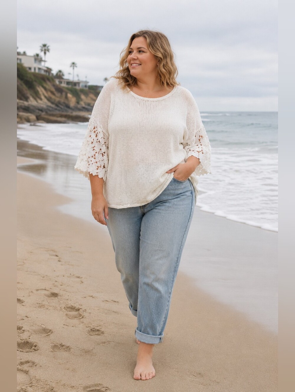 Chico's Open Knit Cream Sweater with White Lace Sleeves Coastal Women's 16